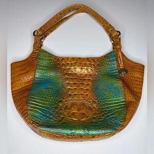 Brahmin croc embossed shoulder hobo bag custom embellished with metallic green